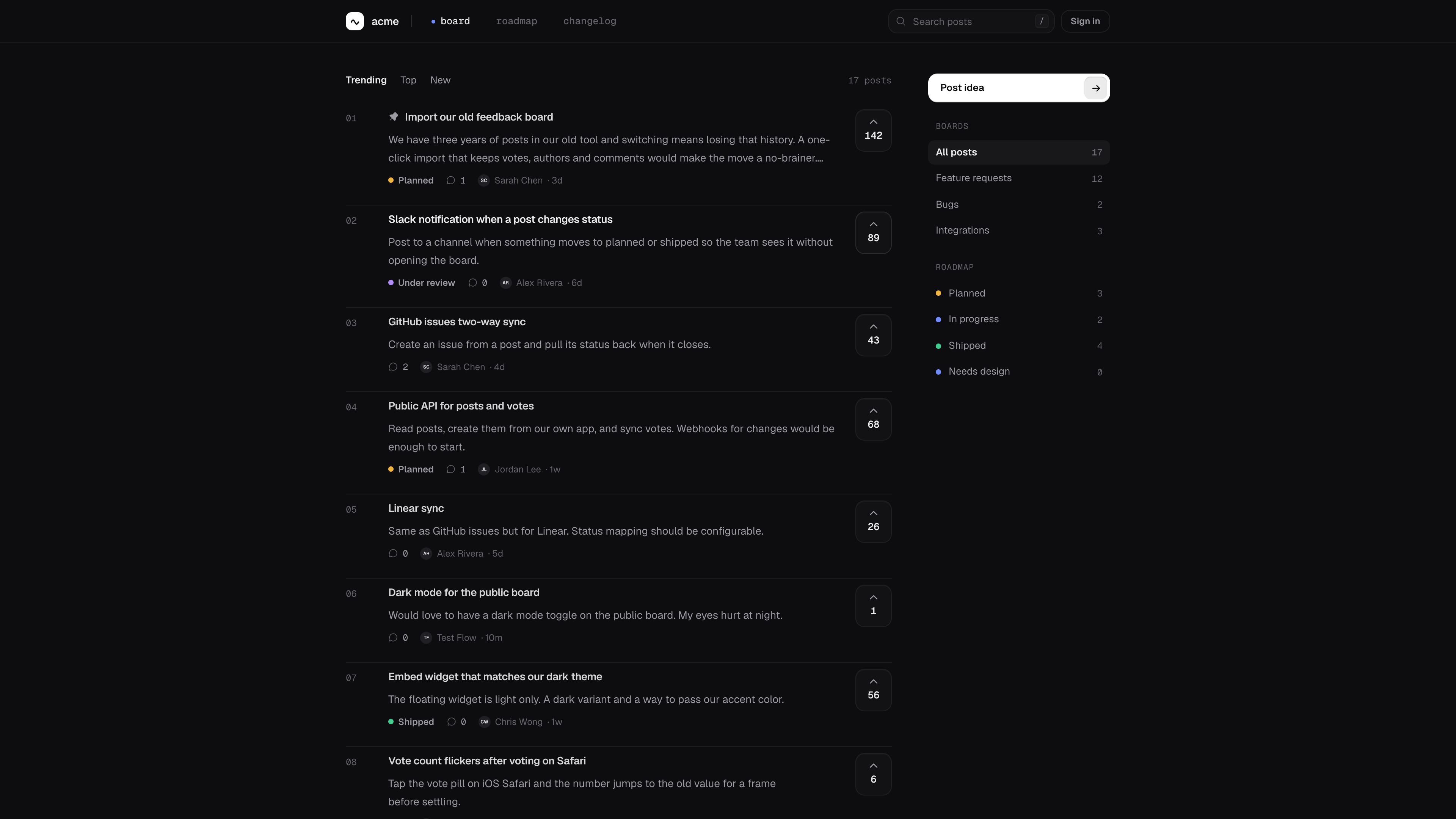 The openheard public board: a list of feature requests with vote counts