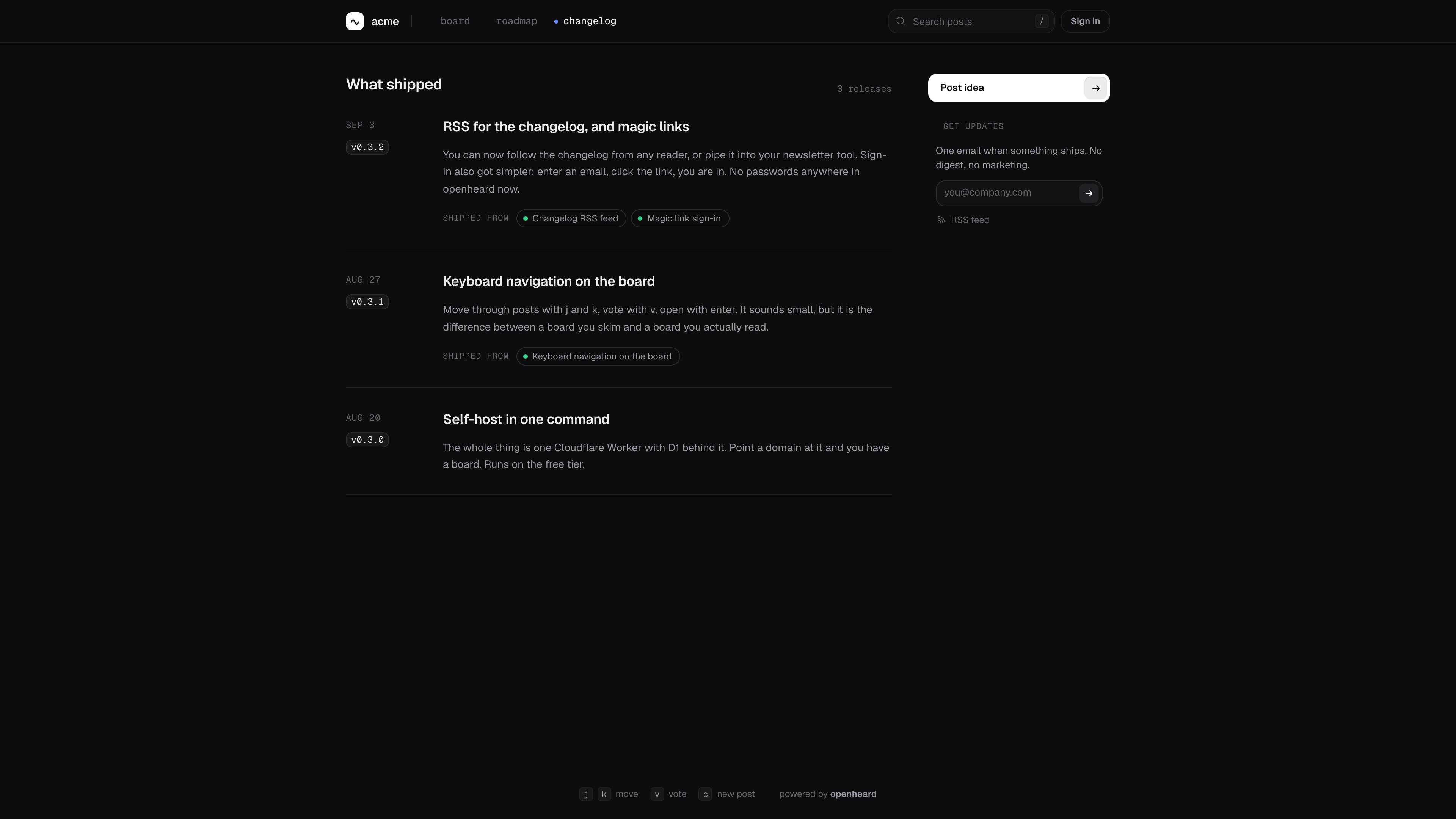 Changelog page with published entries linked to shipped requests