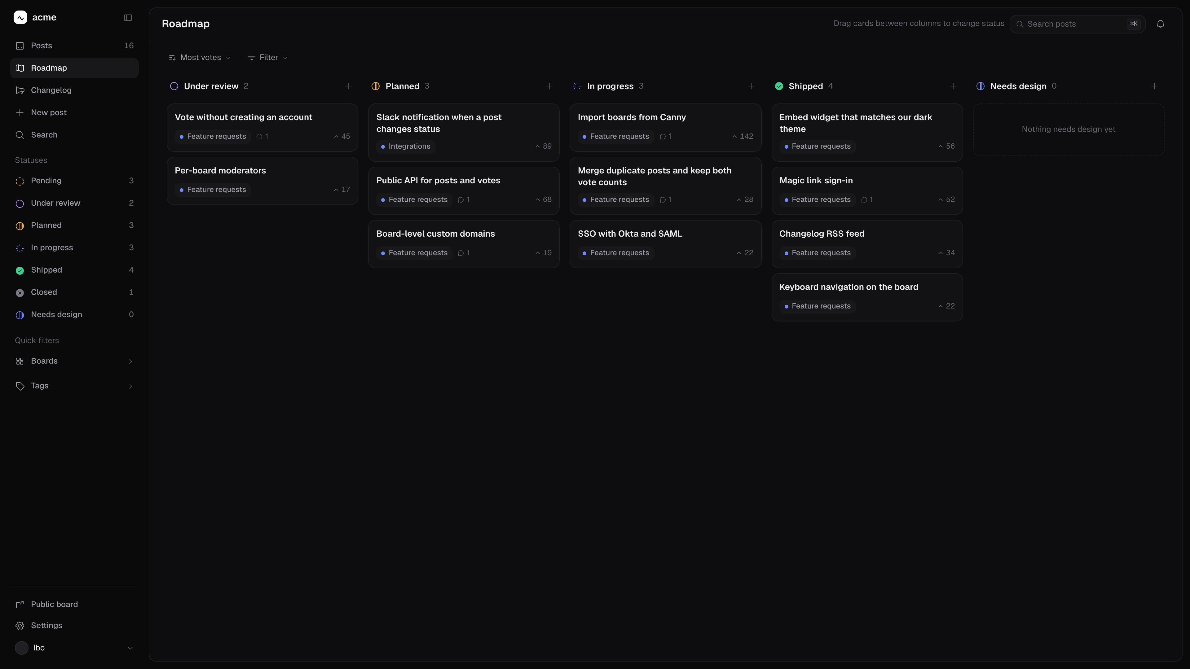 Dashboard roadmap view with kanban columns for Planned, In Progress and Shipped