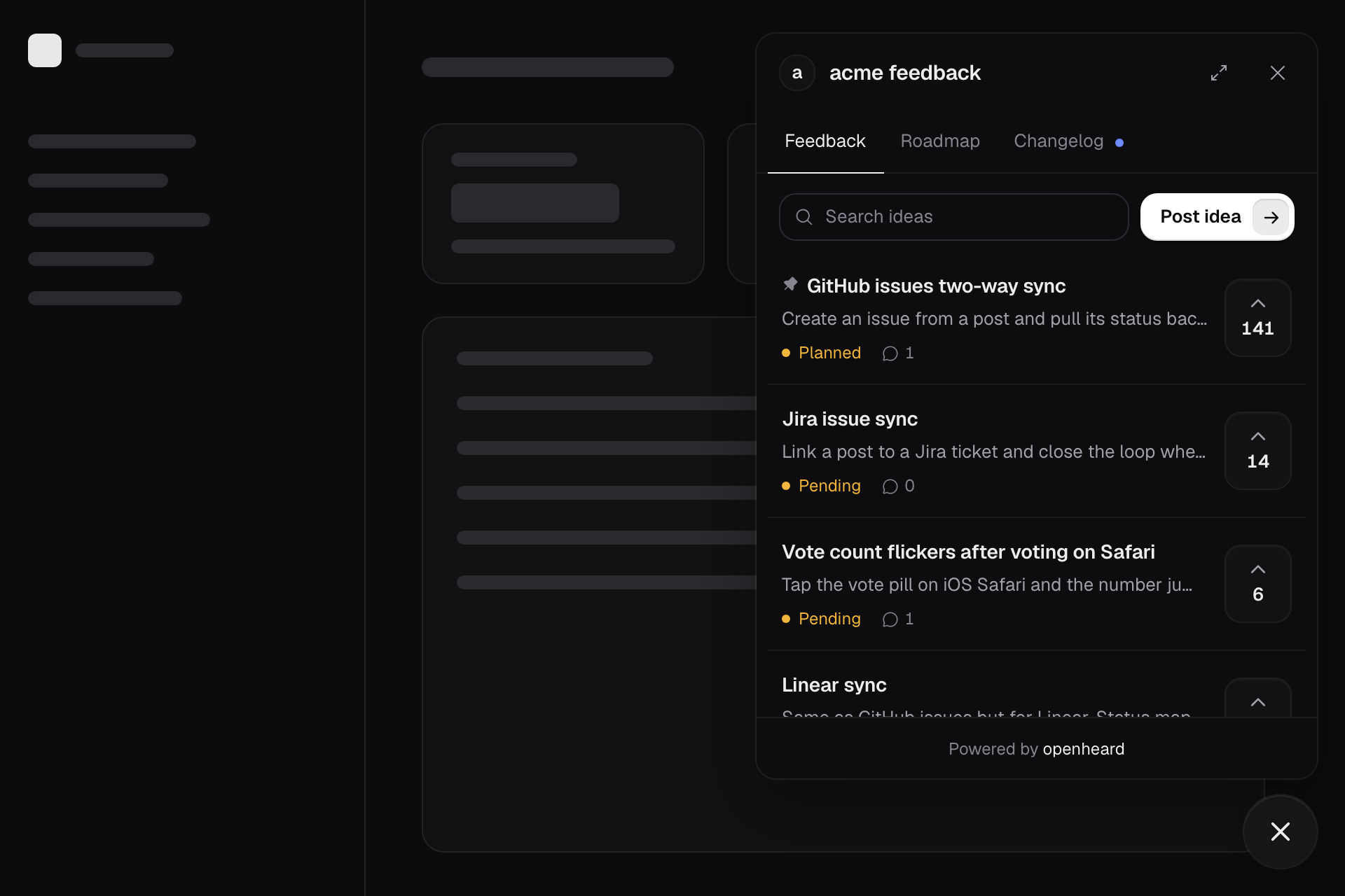 openheard widget open over a web app, showing the Feedback tab with posts ranked by votes